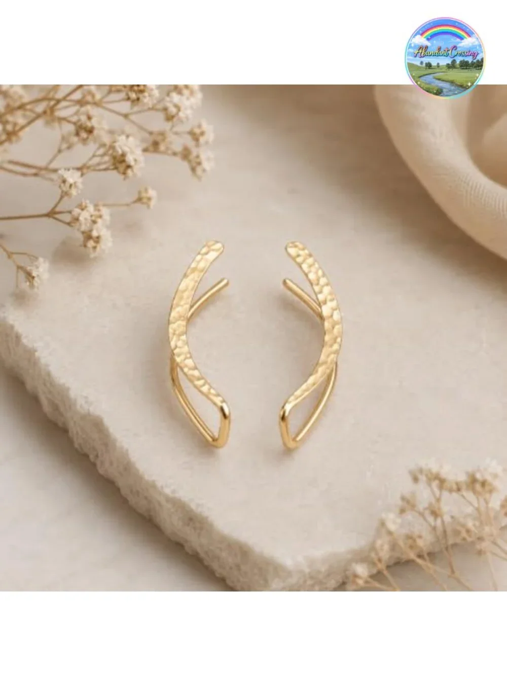 14K Gold Filled Hammered Ear Climber Earrings Clip-On Curved Crawlers Pair